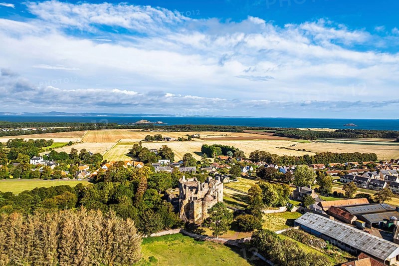 Ruins of Dirleton Castle & Gardens from a drone, Dirleton, East Lothian, Scotland, UK