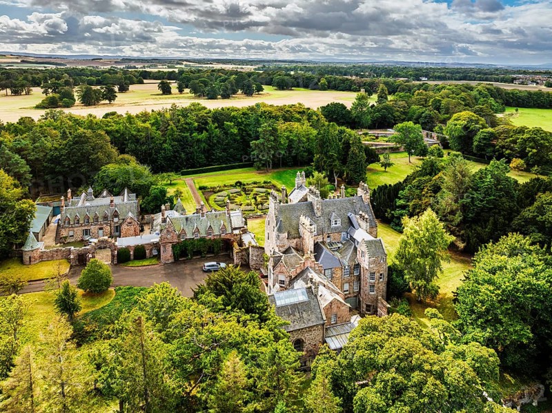 Luffness Castle from a drone, Aberlady, East Lothian, Scotland, UK