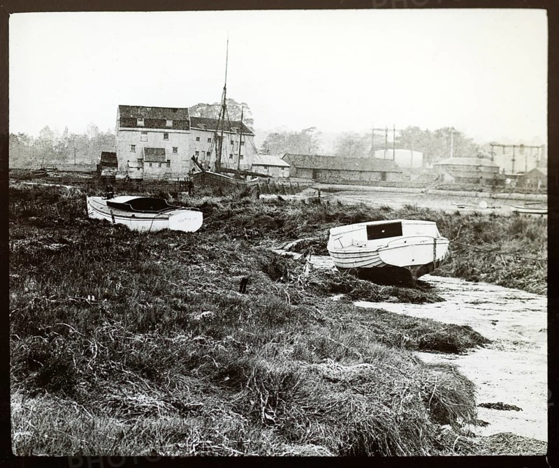 Magic lantern slide of the Tide Mill and River Deben at Woodbridge, Suffolk, England, UK c 1910