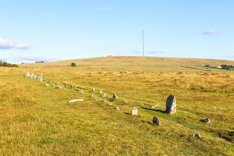 Rows of standing stones at Merrivale prehistoric ceremonial complex Dartmoor national park, Devon, England, UK