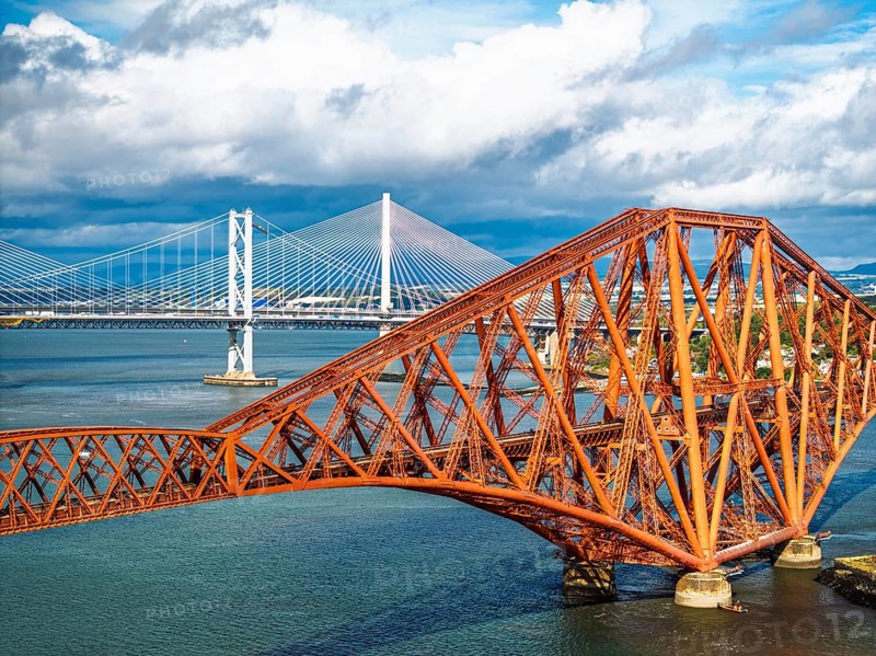 Forth Bridge from a drone, Queensferry Crossing, Forth Estuary, Scotland, United Kingdom