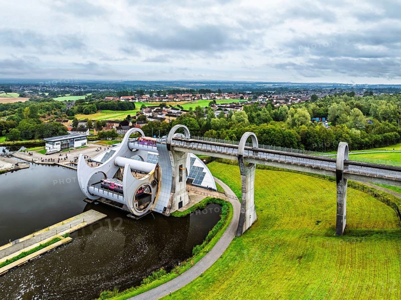 Filkirk Wheel from a drone, Forth and Clyde Canal, Falkirk, Scotland, UK