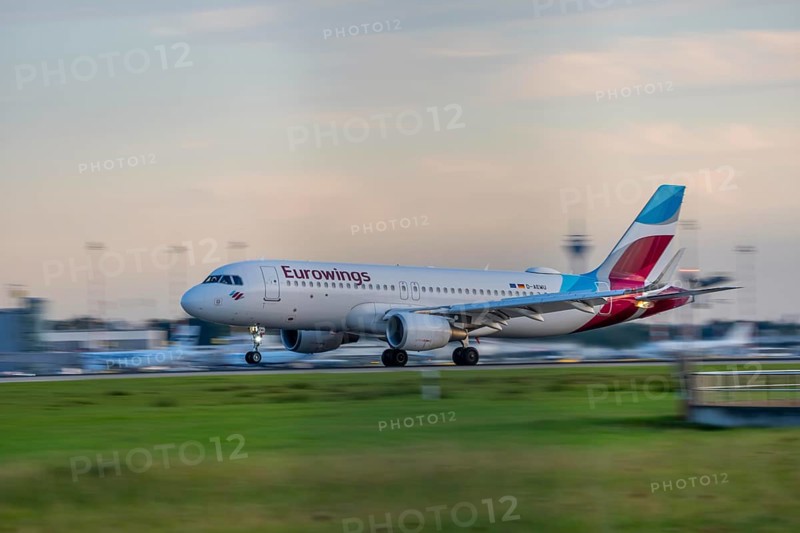 Eurowings Airbus lands at Düsseldorf Airport, North Rhine-Westphalia, Germany