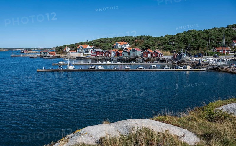 Harbour with boats and boathouses, Resö Island, Bohuslän, Skagerrak, Sotenäs, Västra Götalands län, Sweden