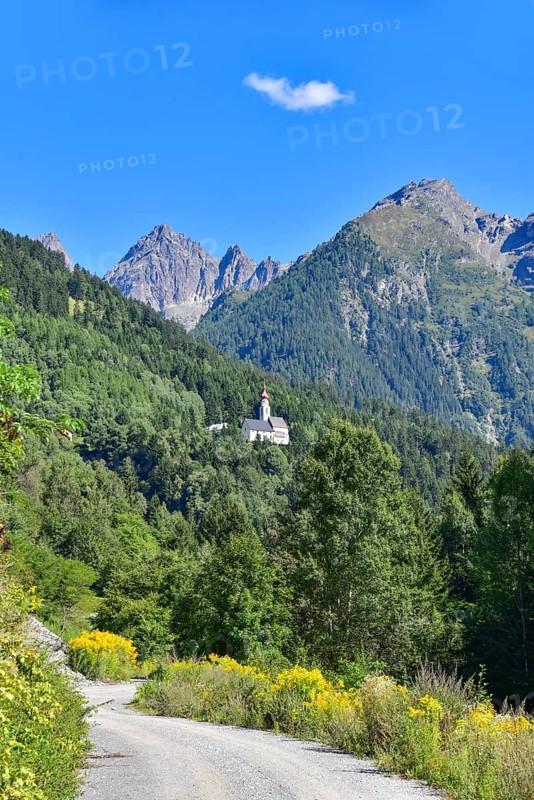 Kaltenbrunn pilgrimage church in Kaunertal, in the background the Gsallkopf (3278 m) in the Ötztal Alps, Tyrol, Austria