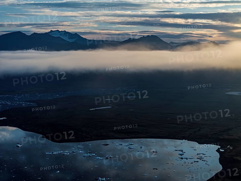 Ice floes, glacier, glacier tongue, fog, clouds, morning mood, mountains, reflection, aerial view, summer, glacier lagoon, Jökulsarlon, Vatnajökull, Iceland