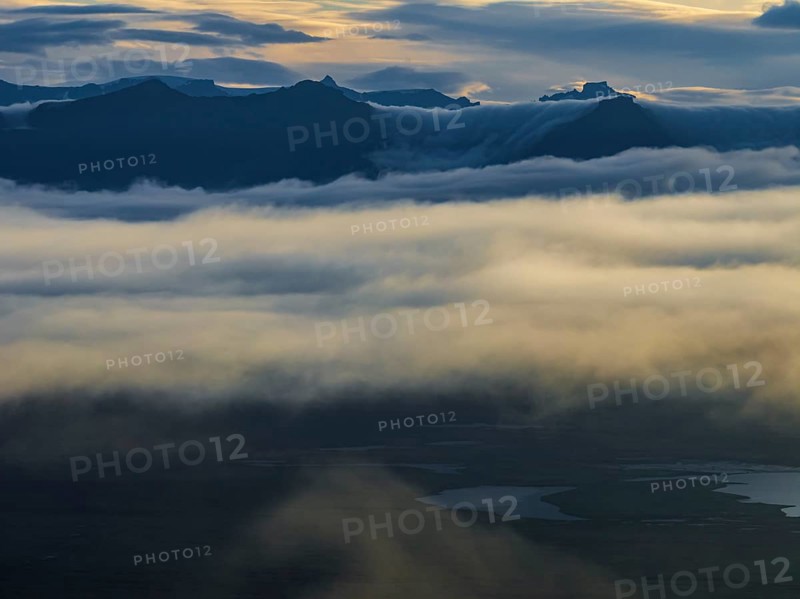 Fog, clouds, morning mood, mountains, aerial view, summer, Höfn, Iceland