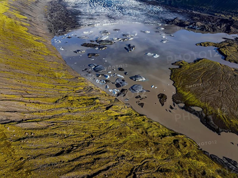 Ice floes, glacier, glacier tongue, glacier lake, sunny, morning mood, mountains, reflection, aerial view, summer, Kviarjökull, Vatnajökull, Iceland