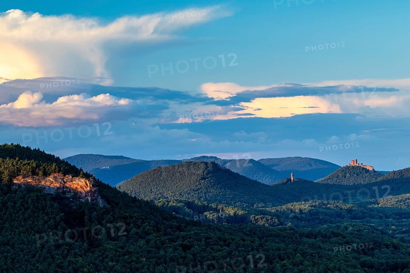 View of Trifels Castle and Anebos Castle, mixed forest, Annweiler, Pfläzerwald, Rhineland-Palatinate, Germany