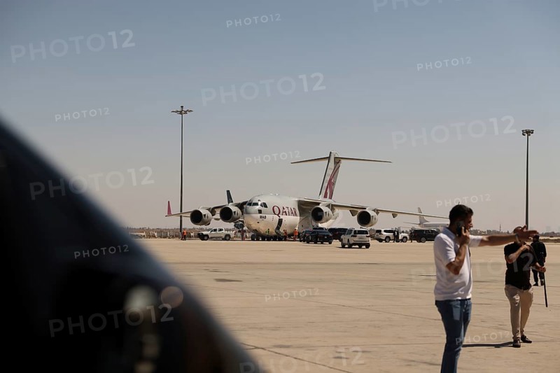 A Qatari plane carrying humanitarian and medical aid arrives at Damascus International Airport as part of Qatar's air and land relief bridge to support the Syrian people during the recovery phase, Damascus, Damascus, Syria