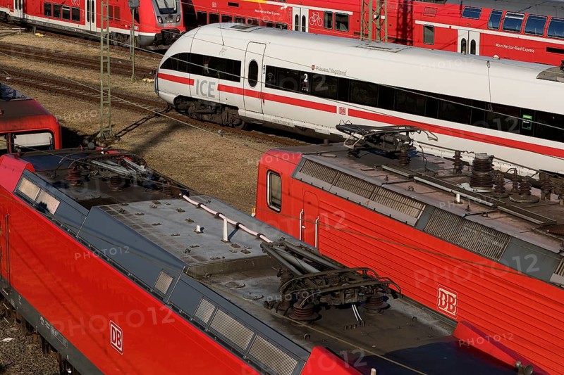 Elevated view of several local trains and an ICE train, Frankfurt am Main, Hesse, Germany