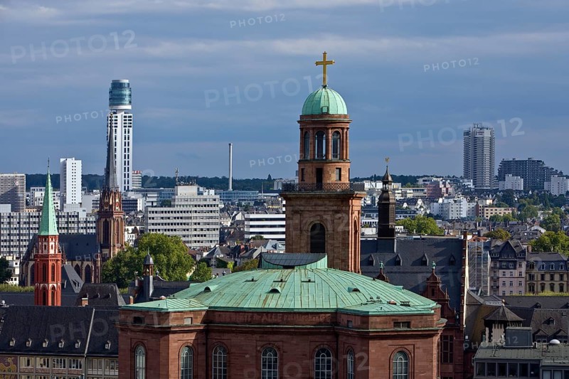 Tower of St Paul's Church, the old Protestant Church of St Nicholas, the Protestant Church of the Epiphany and the New Henninger Tower, Frankfurt am Main, Hesse, Germany