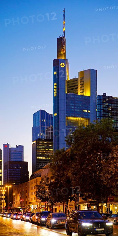 Cars on Berliner Straße and Commerzbank Tower in the evening, Frankfurt am Main, Hesse, Germany