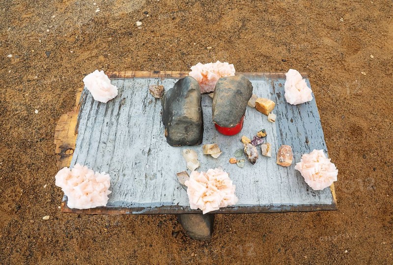Salt crystals and semi-precious stones are for sale along the salt road in the Skeleton Coast. Namib Desert, Dorob National Park, Namibia