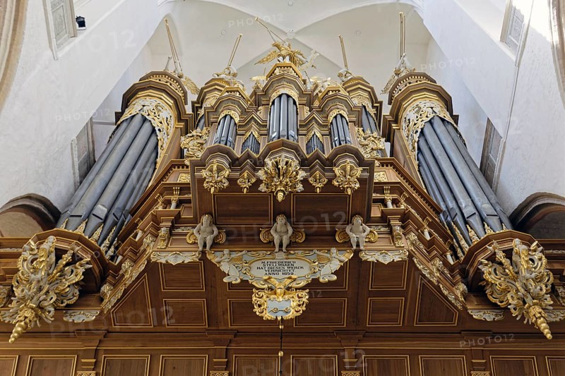 Stellwagen organ, built 1653-1659 by Friedrich Stellwagen, Baroque, St Mary's Church, also known as St Mary's Church, basilica, late Gothic, three naves with transept, first mentioned in 1298, 104 metre high church tower with a view, Neuer Markt, Old Town, UNESCO World Heritage Site, Hanseatic City of Stralsund