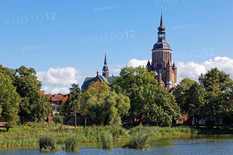 In front Knieperteich, behind, St. Mary's Church, also known as Marienkirche, basilica, late Gothic, three naves with transept, first mentioned in 1298, 104 metre high church tower with view, Neuer Markt, Old Town, UNESCO World Heritage Site, Hanseatic City of Stralsund, Mecklenburg-Western Pomerania, Germany