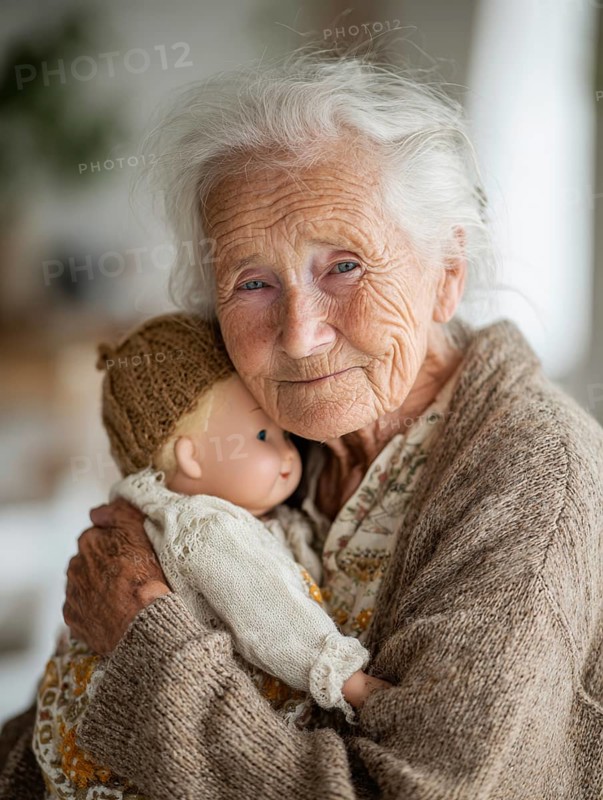 An elderly woman lovingly holds a doll in her arms, which radiates an emotional connection and calm, symbolic image for geriatric care, need for care, need for protection, nursing home, nursing staff, care, geriatric care, dementia, Alzheimer's, loneliness, isolation, loss, old age, AI generated