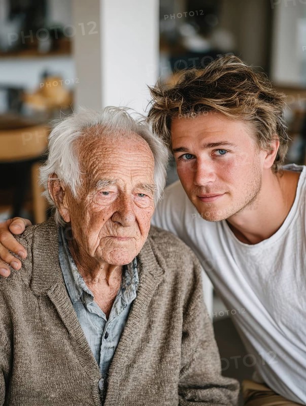 A young carer lovingly looks after a senior in an old people's home, nursing home, symbolic image for care for the elderly, need for care, need for protection, nursing home, nursing staff, care, care for the elderly, dementia, Alzheimer's, loneliness, isolation, loss, old age, AI generated