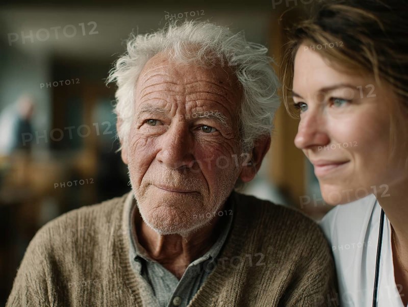 A young carer lovingly looks after a senior in a retirement home, nursing home, symbolic image for elderly care, need for care, need for protection, nursing home, nursing staff, care, care for the elderly, dementia, Alzheimer's, loneliness, isolation, loss, old age, AI generated