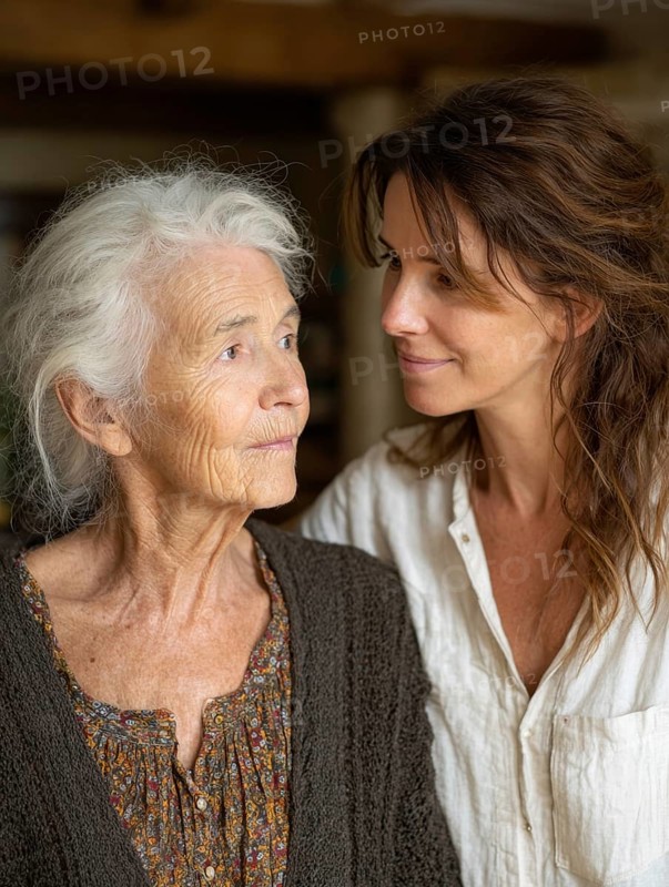 A young carer lovingly looks after a senior citizen in a nursing home, nursing home, symbolic image for elderly care, need for care, need for protection, nursing home, nursing staff, care, care for the elderly, dementia, Alzheimer's, loneliness, isolation, loss, old age, AI generated