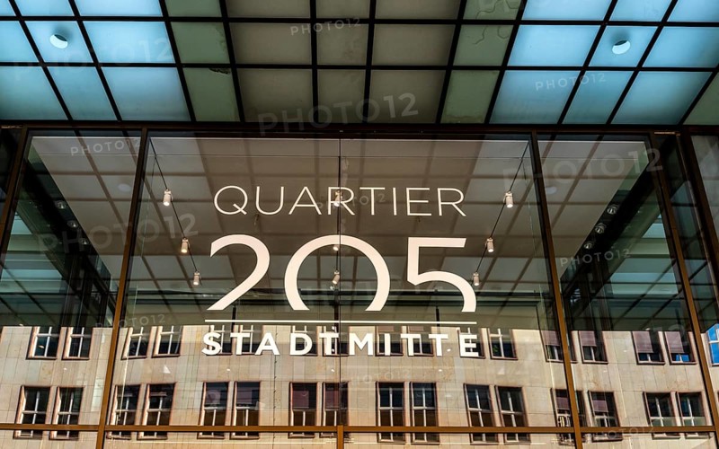 Main entrance to commercial property, partially vacant Shopping Quartier 205 on Friedrichstrasse and Mohrenstrasse, Berlin, Germany