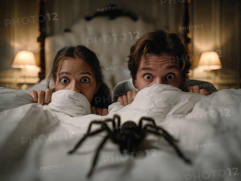 Two people in bed looking frightened at a spider crawling across the bedspread, symbolic image for spider fear, arachnophobia, AI generated, AI generated