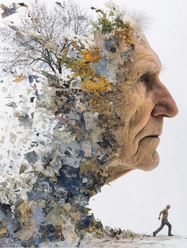 Double exposure of an elderly man and decaying parts of a landscape, symbolic image for memory loss, loss of identity, dementia, Alzheimer's, thoughtfulness, mental health, loss, ageing, fragility, old age depression, depression, AI generated
