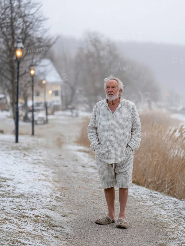 An elderly man in pyjamas stands in a cold, wintry environment, looking confused, helpless and disorientated, symbolising dementia, Alzheimer's, AI generated