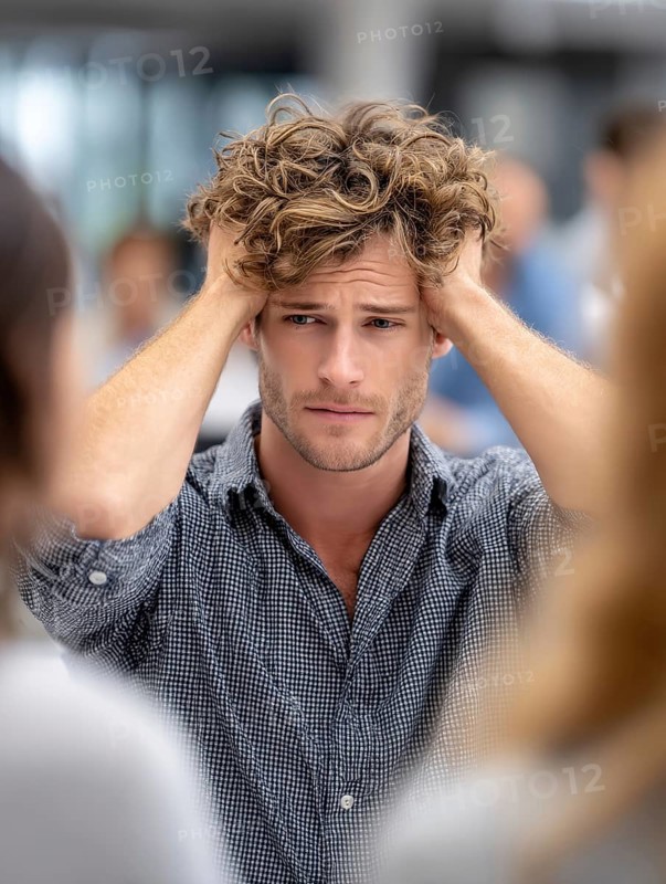 A young man with his hands to his ears, annoyed by an argument or noise in the background, symbolising noise, conflict, argument, bullying, annoyance, excessive demands, harassment in the office, AI generated