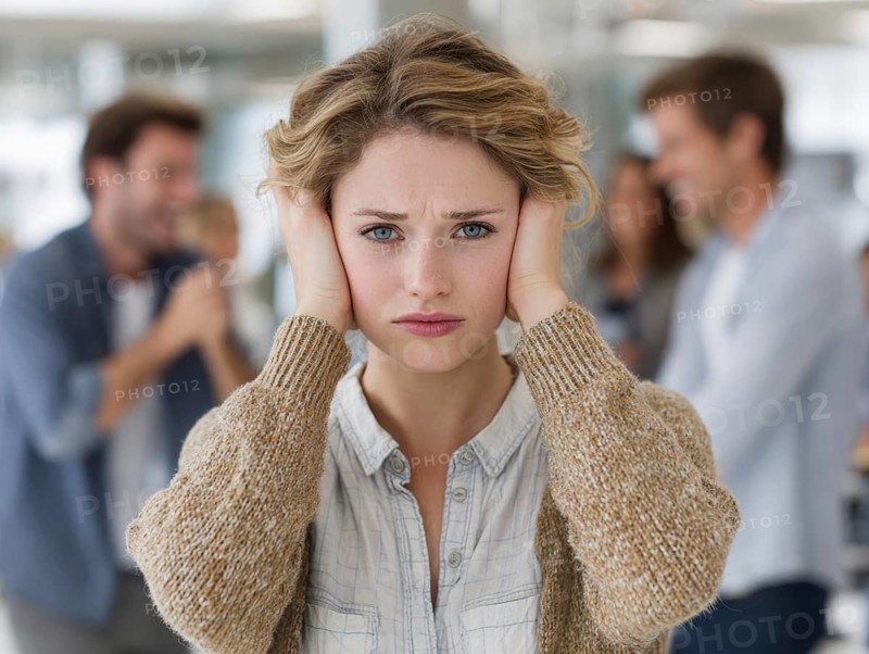 A young woman with her hands to her ears, annoyed by an argument or noise in the background, symbolising noise, conflict, argument, bullying, annoyance, excessive demands, harassment in the office, AI generated