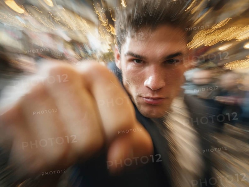 A man shows an outstretched fist to the camera while the background blurs into motion, symbolic image for physical altercation in public, use of force, physical violence, act of violence, aggressive behaviour, brawl, AI generated
