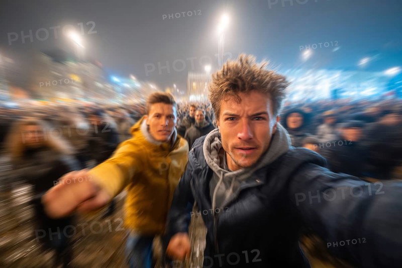 Two men in fighting pose on a rainy street at night, surrounded by lights, symbolic image for physical altercation among youths, use of force, physical violence, act of violence, aggressive behaviour, brawl, AI generated