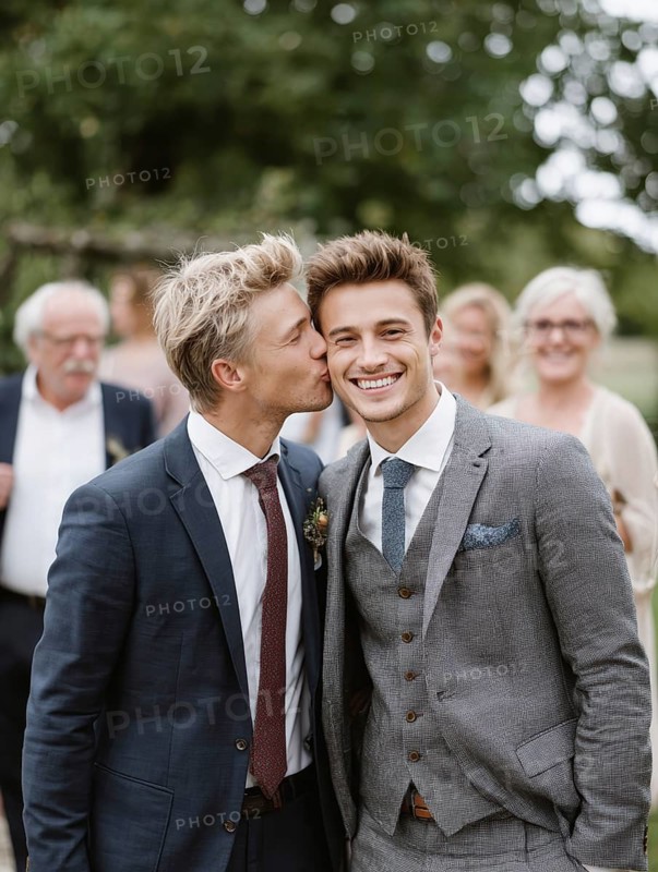 A male couple in a suit, one kissing the other on the cheek, surrounded by guests outdoors, symbolising same-sex marriage, love, LGBTQ, AI generated, AI generated