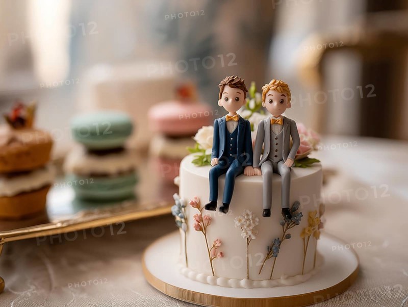 Wedding cake with male bride and groom topper and floral decoration, symbolic image for same-sex marriage, love, LGBTQ, AI generated, AI generated