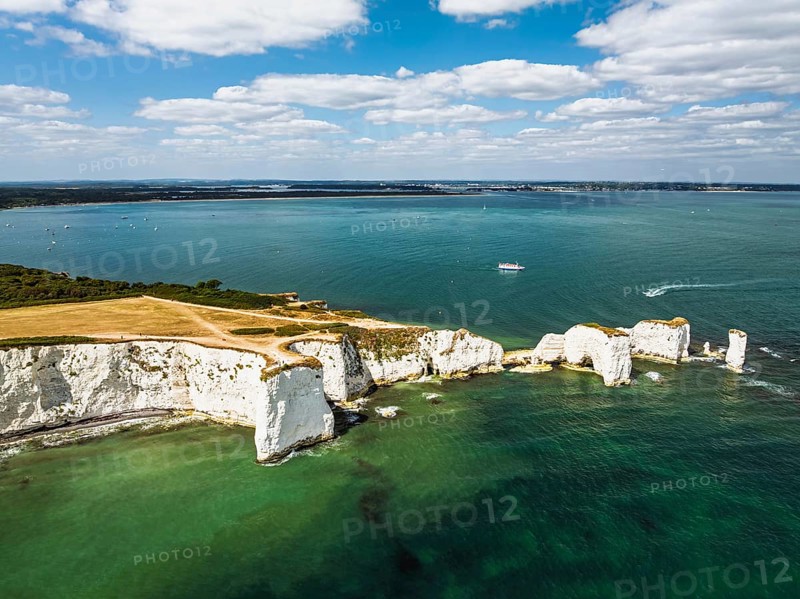 White Cliffs of Old Harry Rocks Jurassic Coast from a drone, Handfast Point, Dorset Coast, Poole, Dorset, England, United Kingdom