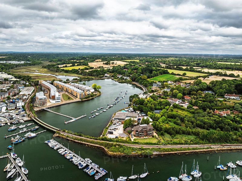 Lymington River and marina from drone, Lymington, New Forest, Hampshire, England, United Kingdom