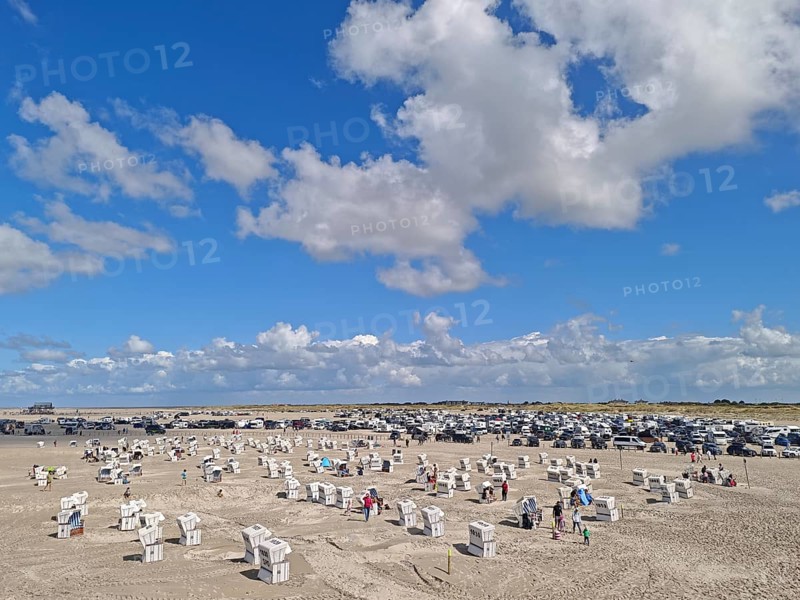 North Sea beach, car park, blue sky, white clouds, summer, sun, sand, beach chairs, on the edge of the UNESCO World Heritage Site, Ording, Sankt Peter-Ording, Schleswig-Holstein, Germany