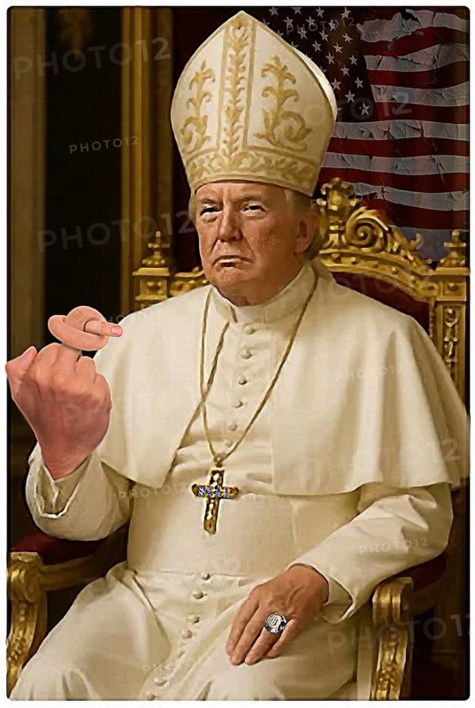 Symbolic image, Pope Donald, the world pays homage, finger pointing, signet ring with Bitcoin, Donald Trump sees himself as a majesty above the law, US democracy in danger, political blackmail, EU and Germany under political pressure, industry, tariff threats, Elon Musk, Mark Zuckerberg, social networks, fake news, rights broken, hate, agitation, DSG Digital Services Act, re-election, USA, politics, announcements, vendetta, wanted dictator, Republicans, US electoral system, global danger, lies, 2nd term, global strain, Ukrainian war, storm White House, Trump's election. term, global burden, Ukrainian war, White House storm