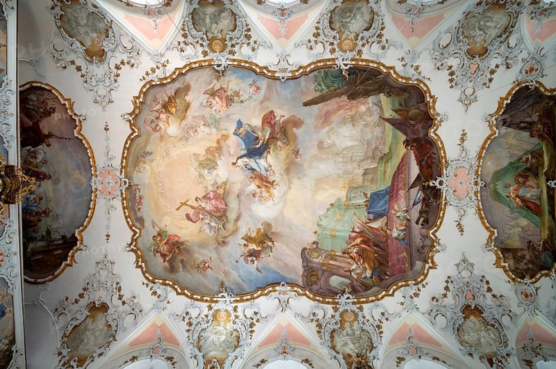 Interior, ceiling, ceiling fresco, main fresco by Enderle with the Trinity scene, naval battle of Lepanto, Catholic parish church of St Ulrich, Rococo, Seeg, Ostallgäu, Allgäu, Swabia, Bavaria, Germany