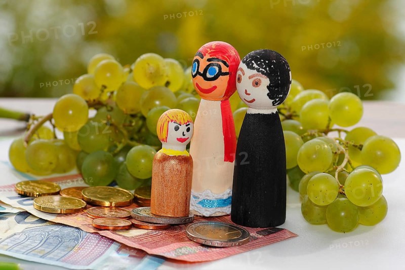 Wooden cone family with grapes and coins and banknotes, North Rhine-Westphalia, Germany