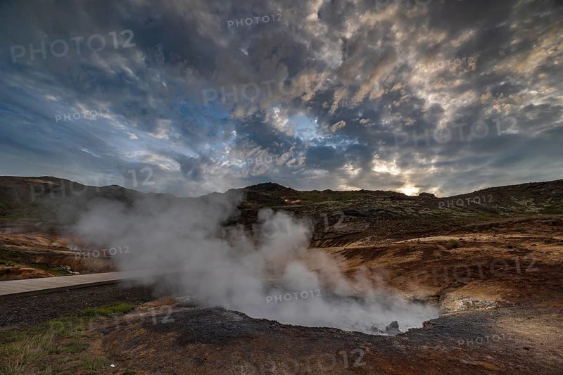 Hot springs, geothermal field, cloudy, evening mood, backlight, summer, Krysuvik, Reykjanes Peninsula, Iceland