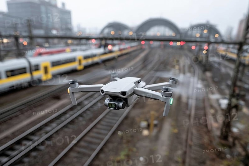 Ein Fernpilot steuert sein Quadrocopter, Drohne illegal über Bahnhofsgelände, Bahngelände, Bahnschienen, Symbolbild für illegaler Drohnenbetrieb über Bahnanlagen, kritische Infrastruktur, Kontrollierter Luftraum, Flugverbot, Betriebsverbot, gefährlicher Eingriff in den Bahnverkehr, AI generiert, AI generated