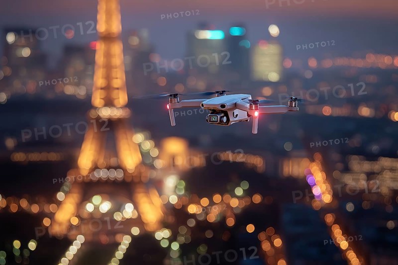 Ein Fernpilot steuert sein Quadrocopter, Drohne illegal über dichtbesiedeltes Stadtgebiet an einem touristischem Hotspot mit vielen Menschen, Symbolbild für illegaler Drohnenbetrieb über Menschenmengen, kritische Infrastruktur, Flugverbot, Betriebsverbot, Persönlichkeitsrechte, Eigentumsrechte, Urheberrechte, AI generiert, AI generated