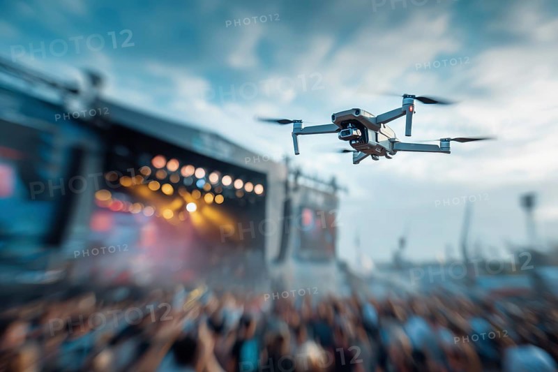 Ein Fernpilot steuert sein Quadrocopter, Drohne illegal über ein Open-Air Musik Konzert mit vielen Menschen, Symbolbild für illegaler Drohnenbetrieb über Menschenmengen, Missachtung von Flugverbotszonen, kritische Infrastruktur, Flugverbot, Betriebsverbot, Persönlichkeitsrechte, Eigentumsrechte, Urheberrechte, AI generiert, AI generated