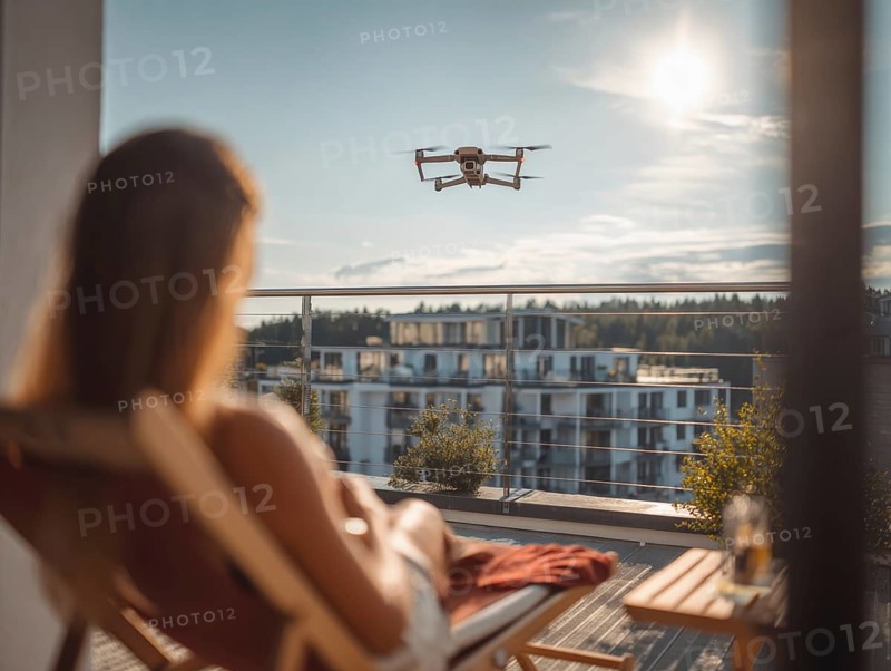 Ein Fernpilot steuert sein Quadrocopter, Drohne in einem dicht besiedeltem Wohngebiet und nähert sich sehr nahe an eine Person auf einer Terrasse um illegale Videoaufnahmen oder Fotos zu erstellen, Symbolbild für unbefugtes Fotografieren von Personen, innerhalb eines geschützten Bereiches, Verletzung der Privatsphäre, Persönlichkeitsrechte, Missachtung von Flugverbotszonen, Datenschutz, AI generiert, AI generated
