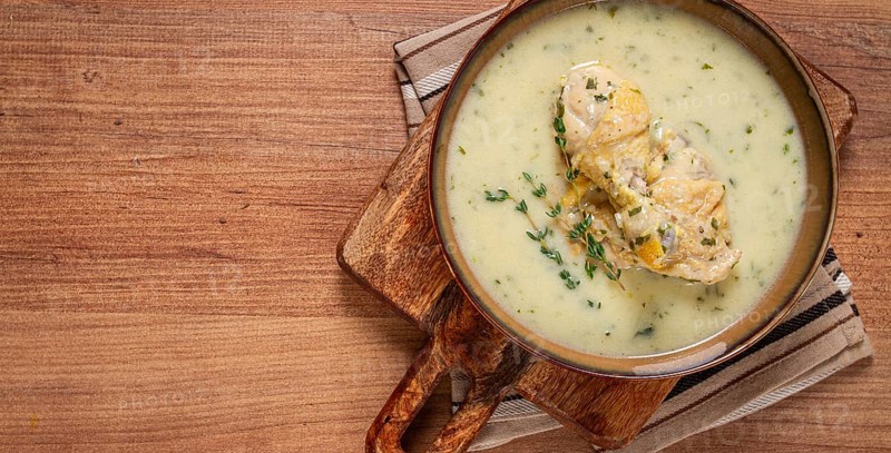 Chikhirtma chicken soup, Georgian dish, with lavash, top view, no people