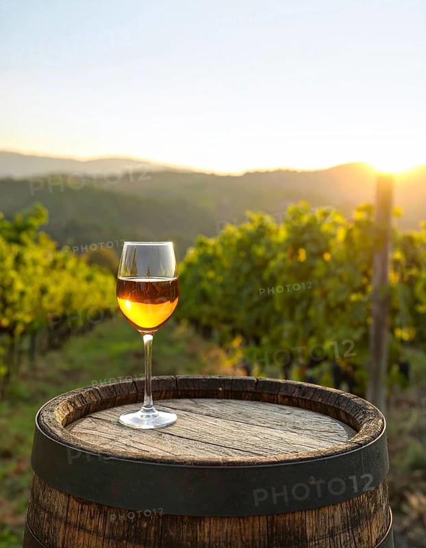 Glass of 10-year-old tawny wine placed on a barrel in a vineyard restaurant, AI generated