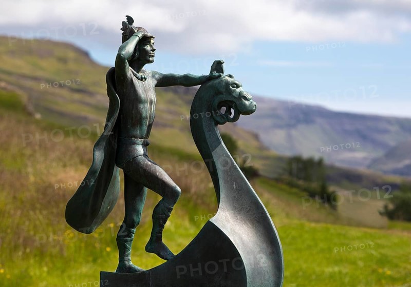 Statue of Leifur Eiríksson, the discoverer of America, who was born here, Eiríksstadir Museum, Haukadlur, West Iceland, Iceland