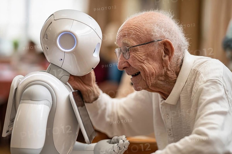 An elderly man in a nursing home smiles and communicates with a humanoid robot, carer robot, symbol of loneliness, social isolation in old age, AI generated, AI generated