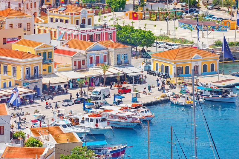 Gialos Harbour, high angle view, Symi Island, Dodecanese Islands, Greece